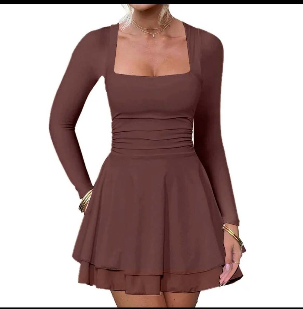 Women Square Neck Long Sleeve Ruched Waist Ruffle Hem Mini Dress Brown